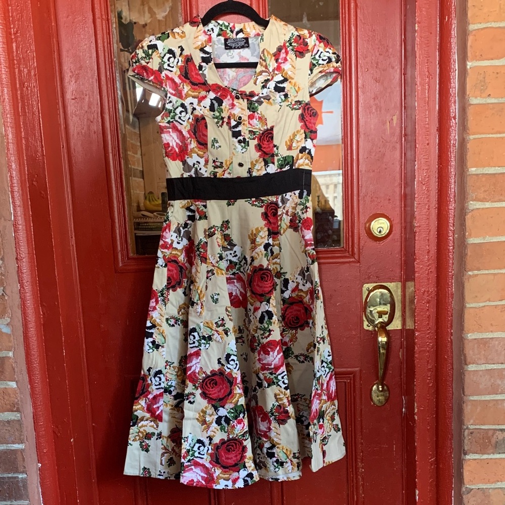 Floral Midi Dress with Black Accents